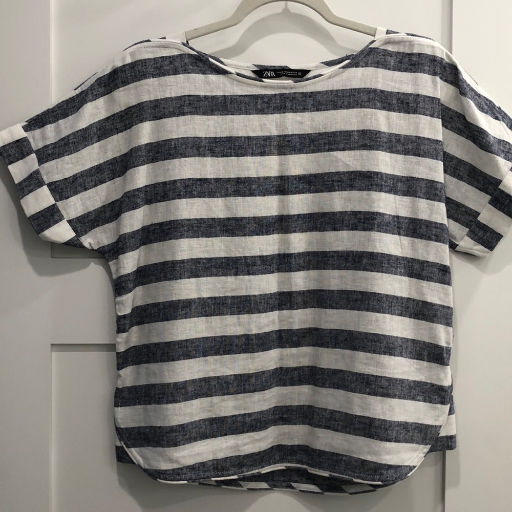 Zara blue/white short sleeve oversized linen top
